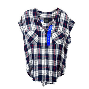 NWT Jachs Girlfriend Womens Large Navy Plaid Short Sleeve Tunic Button Up Top
